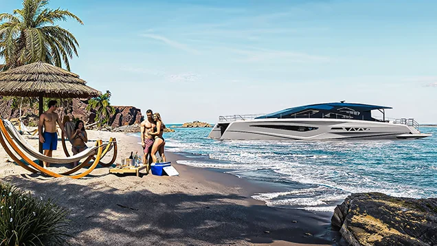 LANIAKEA power catamaran accessing shallow beach waters with ultra-shallow draft